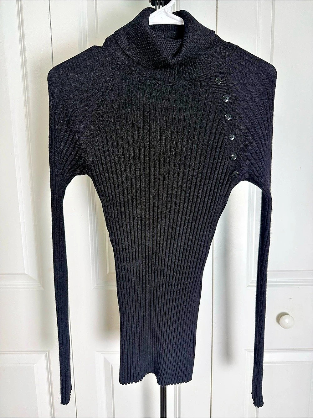 It's Our Time Black Ribbed Knit Mock Turtleneck Button Shoulder Sweater M